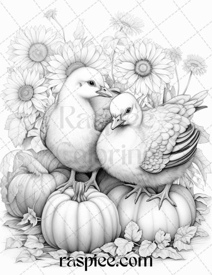 Autumn Animals Grayscale Coloring Pages for Adults and Kids, Printable PDF File Instant Download