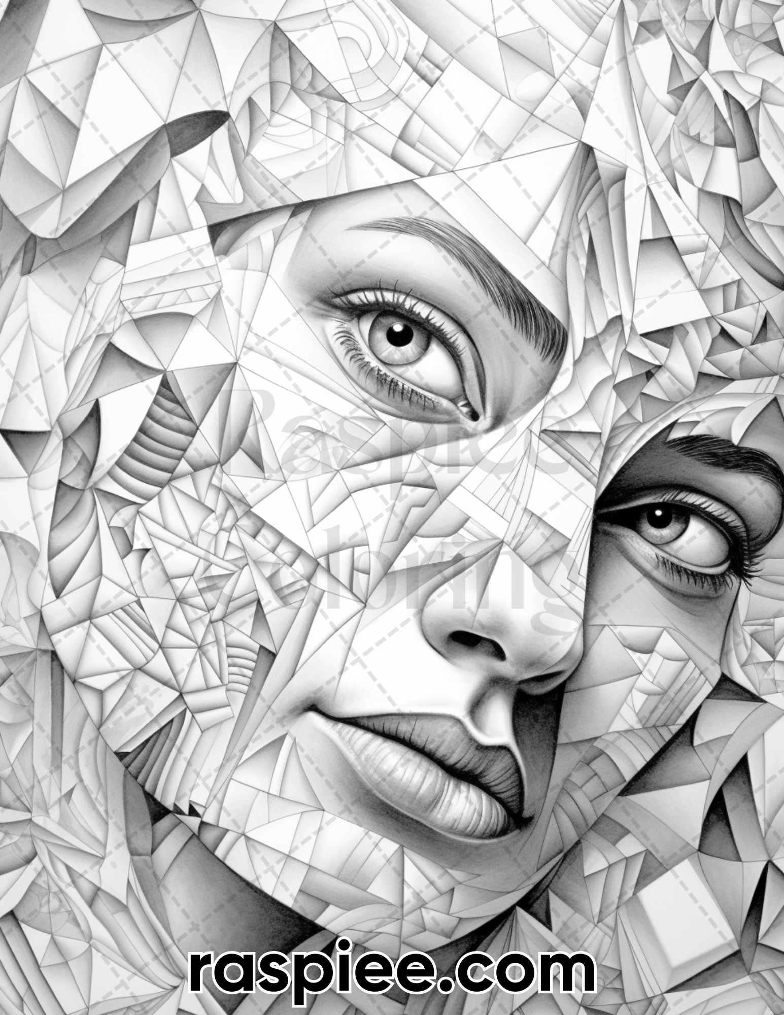 60 Abstract Faces Grayscale Adult Coloring Pages, Printable PDF Instant Download