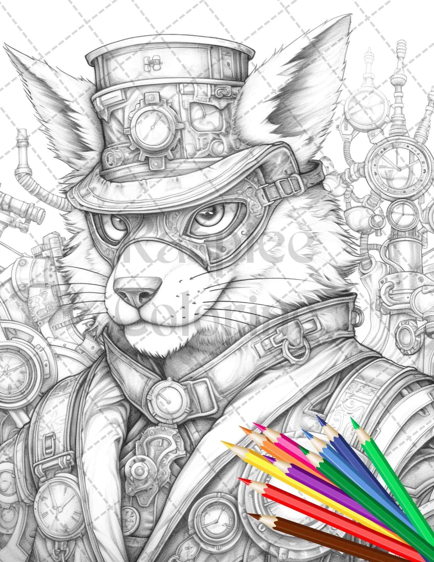 60 Steampunk Animals Grayscale Coloring Pages Printable for Adults, PDF File Instant Download