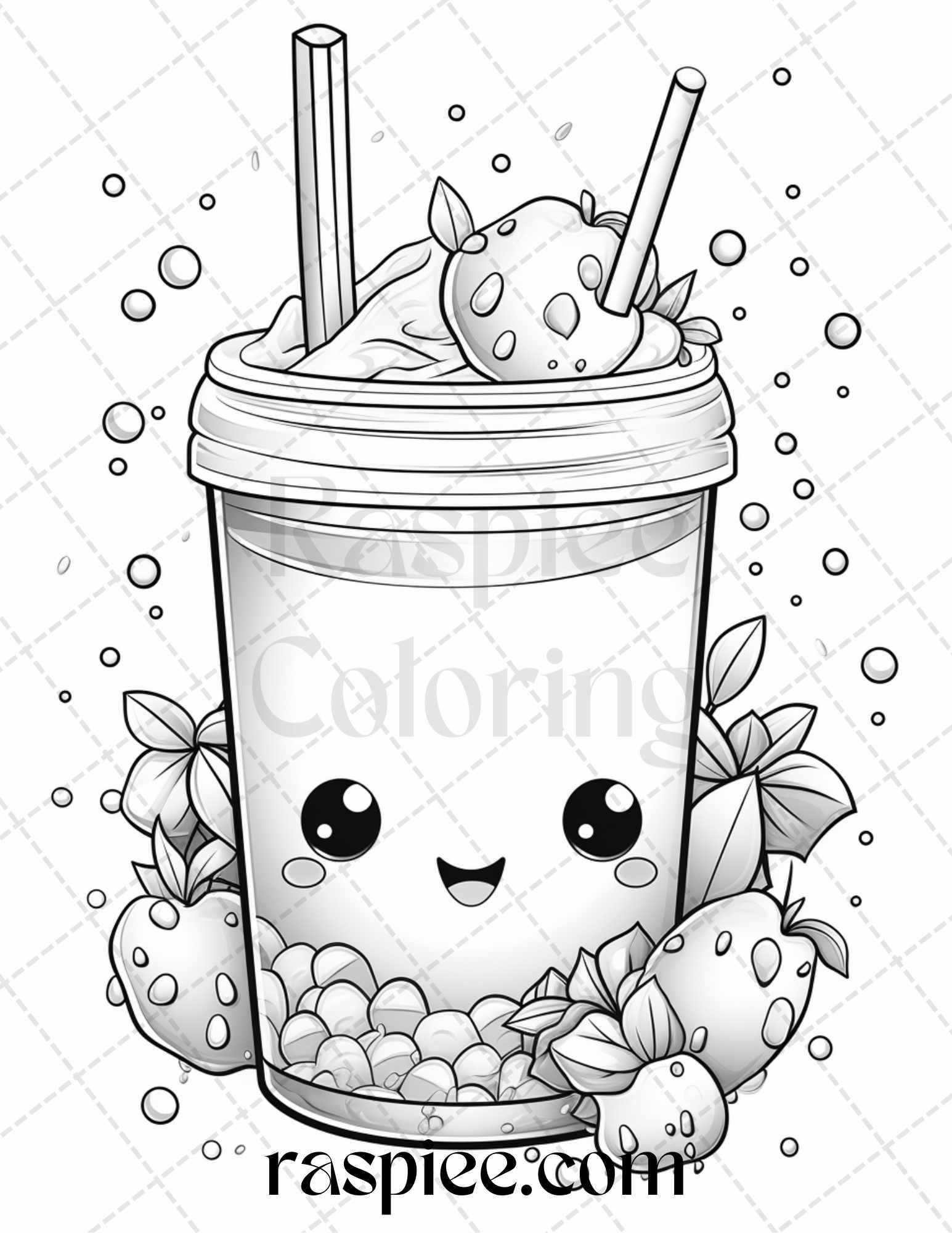 50 Cute Kawaii Boba Tea Grayscale Coloring Pages for Adults and Kids, Printable PDF File Instant Download