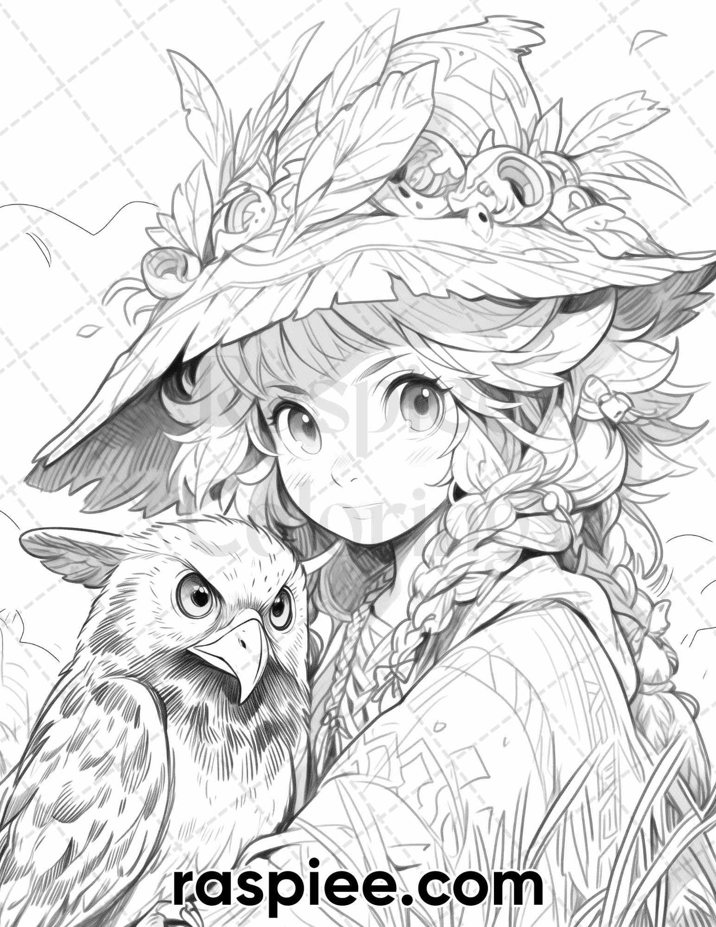 52 Cute Druid Girl Grayscale Coloring Pages for Adults, Printable PDF Instant Download