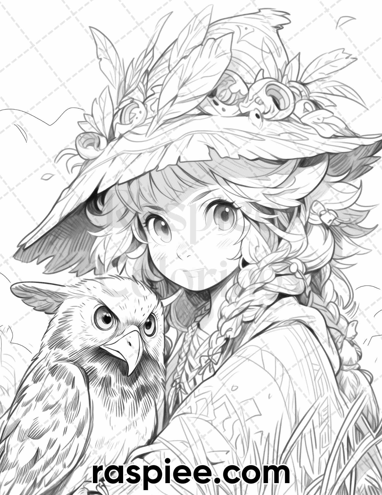 52 Cute Druid Girl Grayscale Coloring Pages for Adults, Printable PDF Instant Download