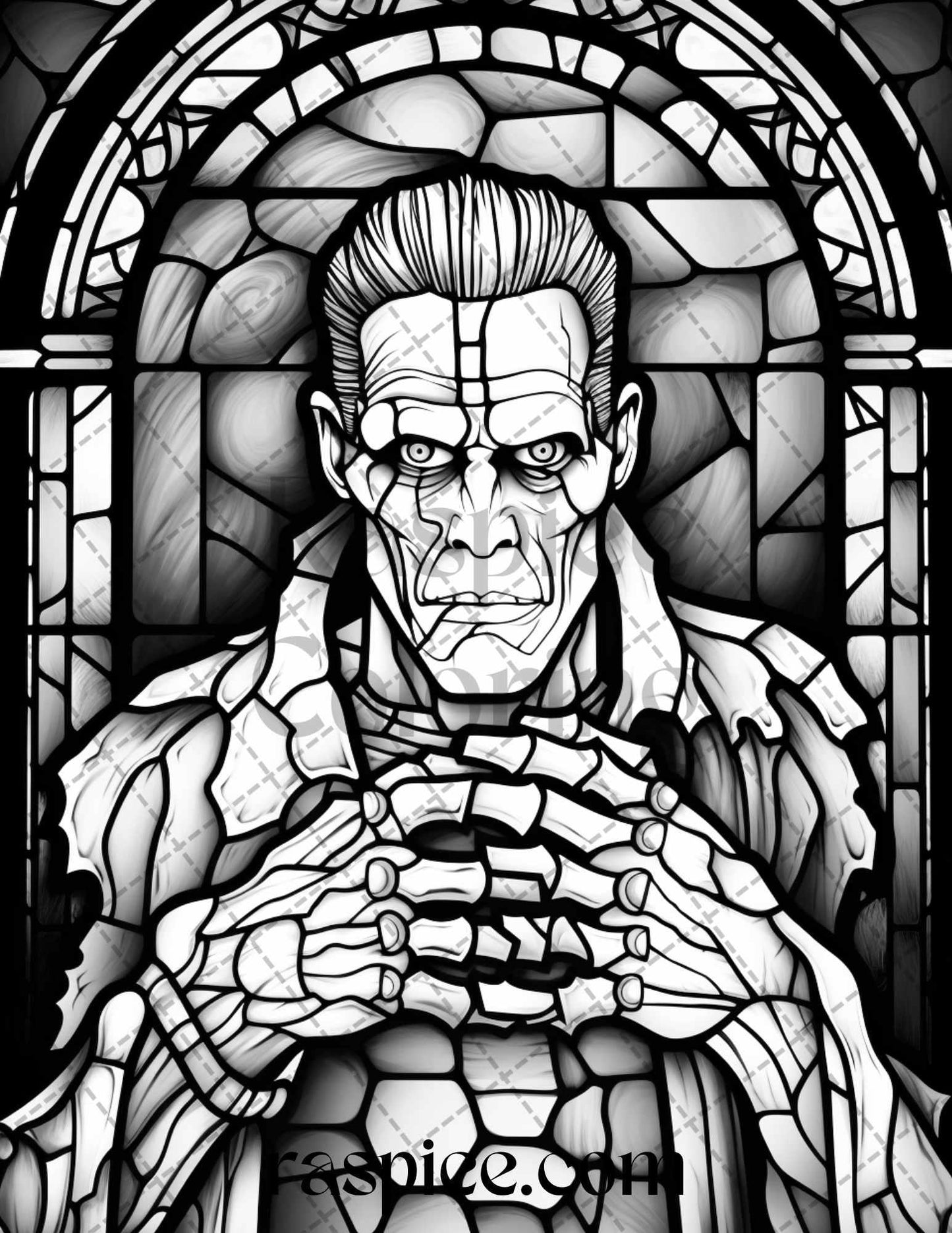 70 Halloween Stained Glass Grayscale Coloring Pages Printable for Adults, PDF File Instant Download