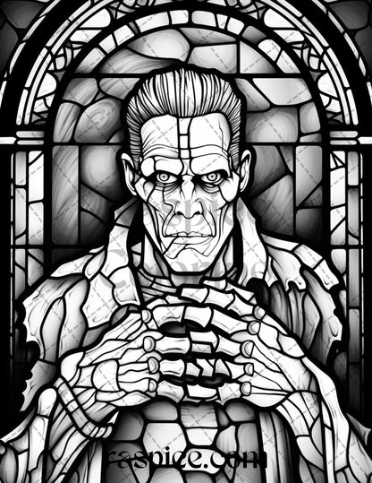 70 Halloween Stained Glass Grayscale Coloring Pages Printable for Adults, PDF File Instant Download