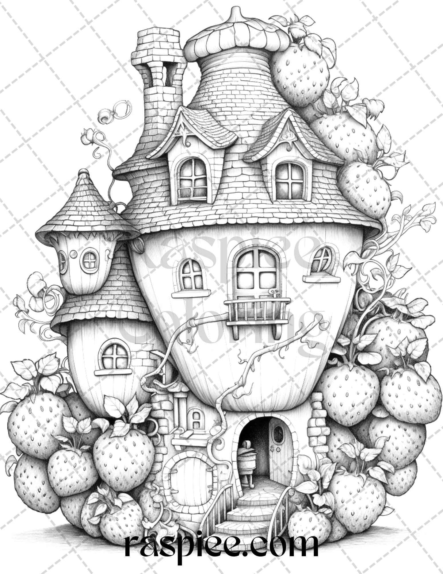 50 Strawberry Houses Grayscale Coloring Pages Printable for Adults Kids, PDF File Instant Download