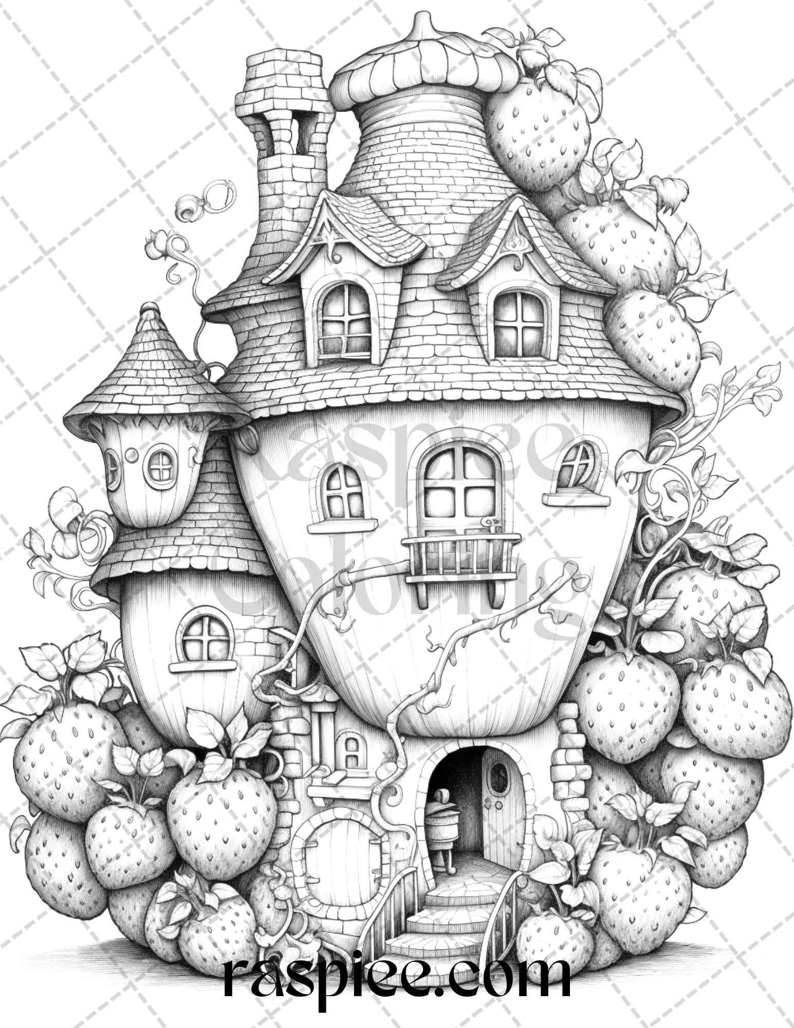 50 Strawberry Houses Grayscale Coloring Pages Printable for Adults Kids, PDF File Instant Download
