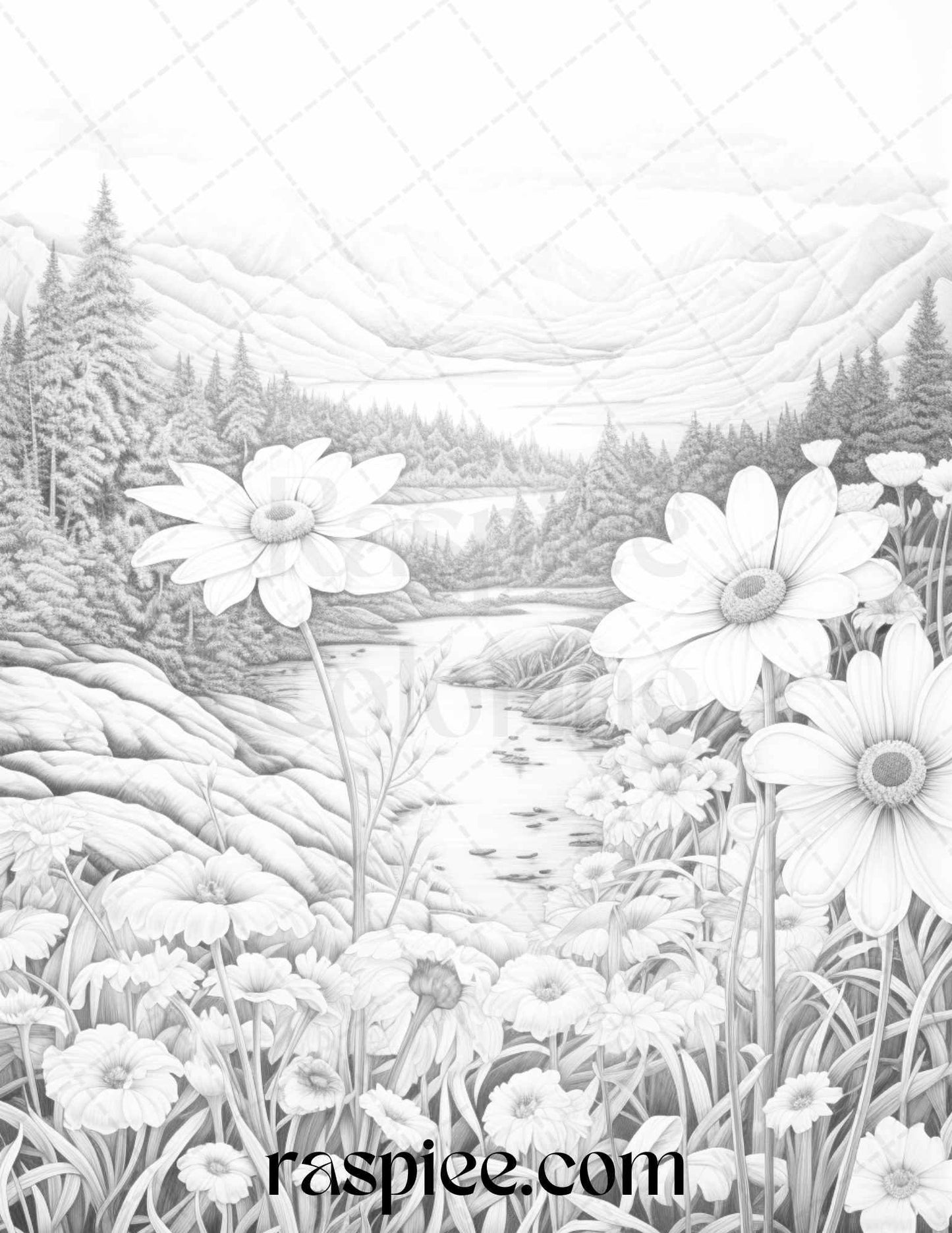 60 Mountain Flower Landscapes Grayscale Coloring Pages Printable for Adults, PDF File Instant Download