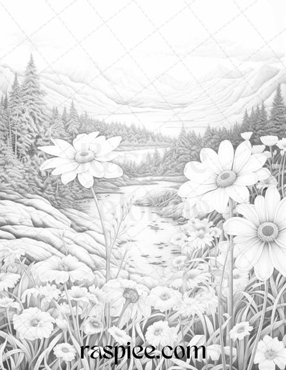 60 Mountain Flower Landscapes Grayscale Coloring Pages Printable for Adults, PDF File Instant Download