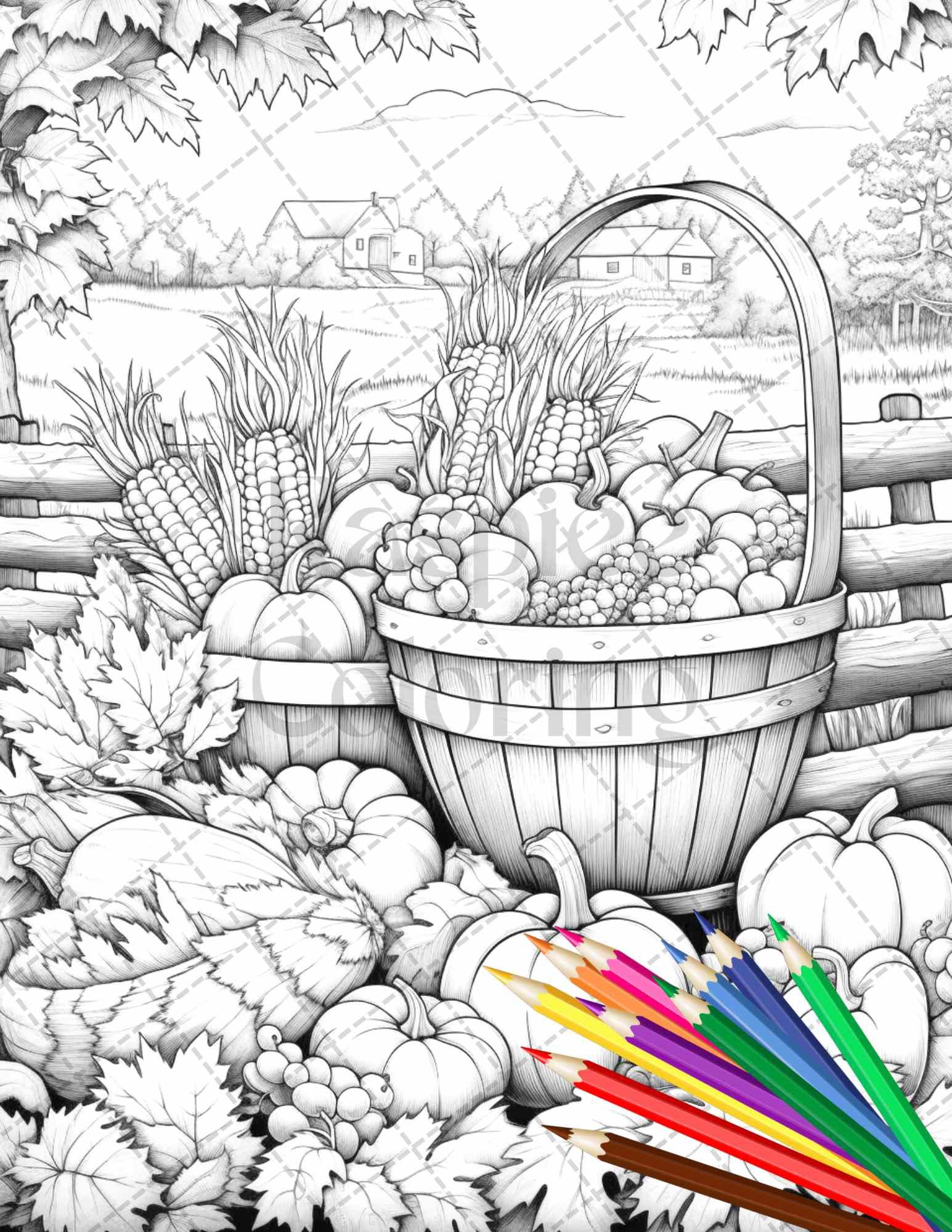 Autumn Harvest Grayscale Coloring Pages Printable for Adults, Relaxing Fall Themed Art, PDF File Instant Download