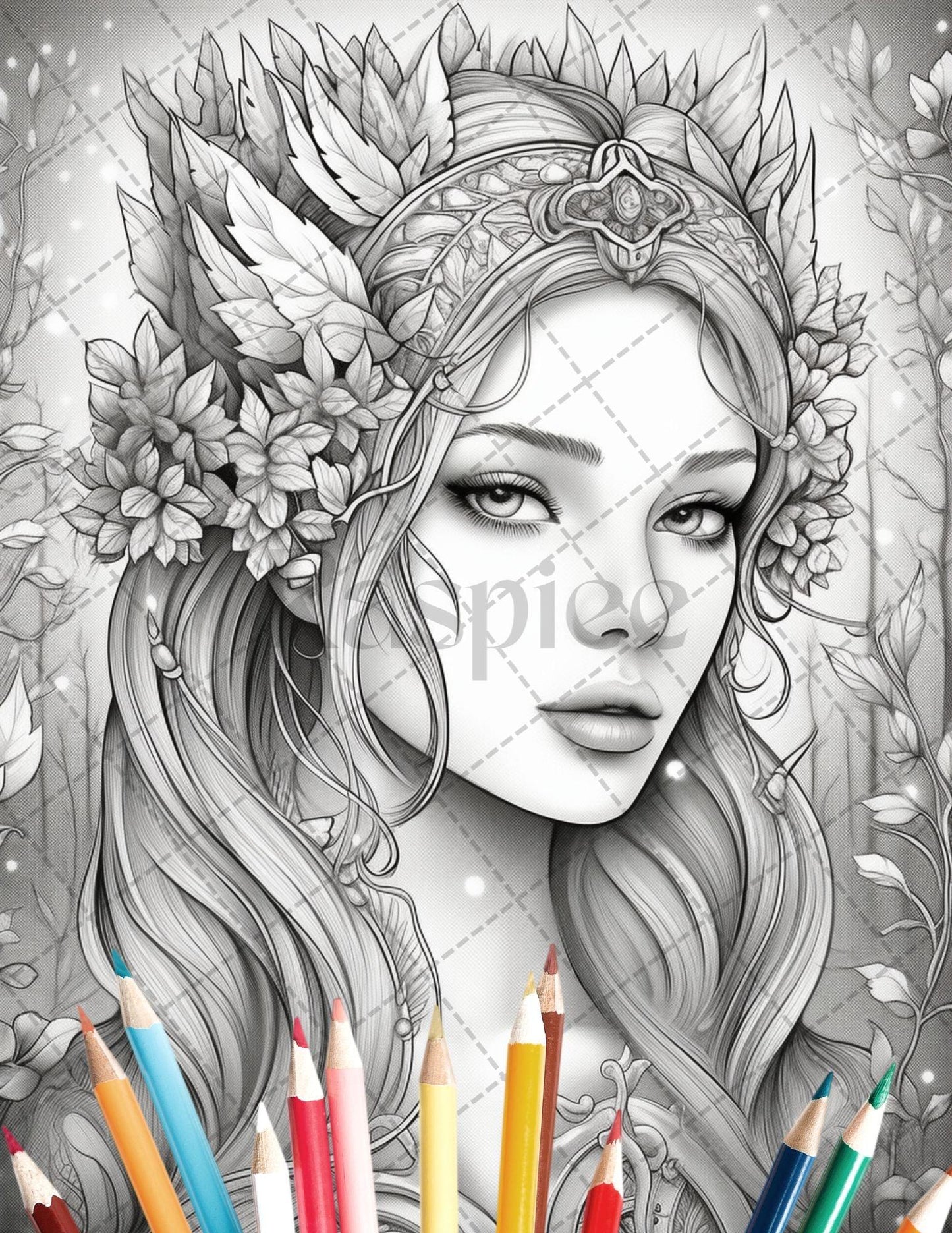 35 Beautiful Printable Elf Girls Coloring Book for Adults, Grayscale Coloring Page, PDF File Instant Download