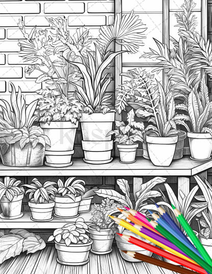 38 Indoor Houseplants Coloring Pages Printable for Adults, Grayscale Coloring Page, PDF File Instant Download