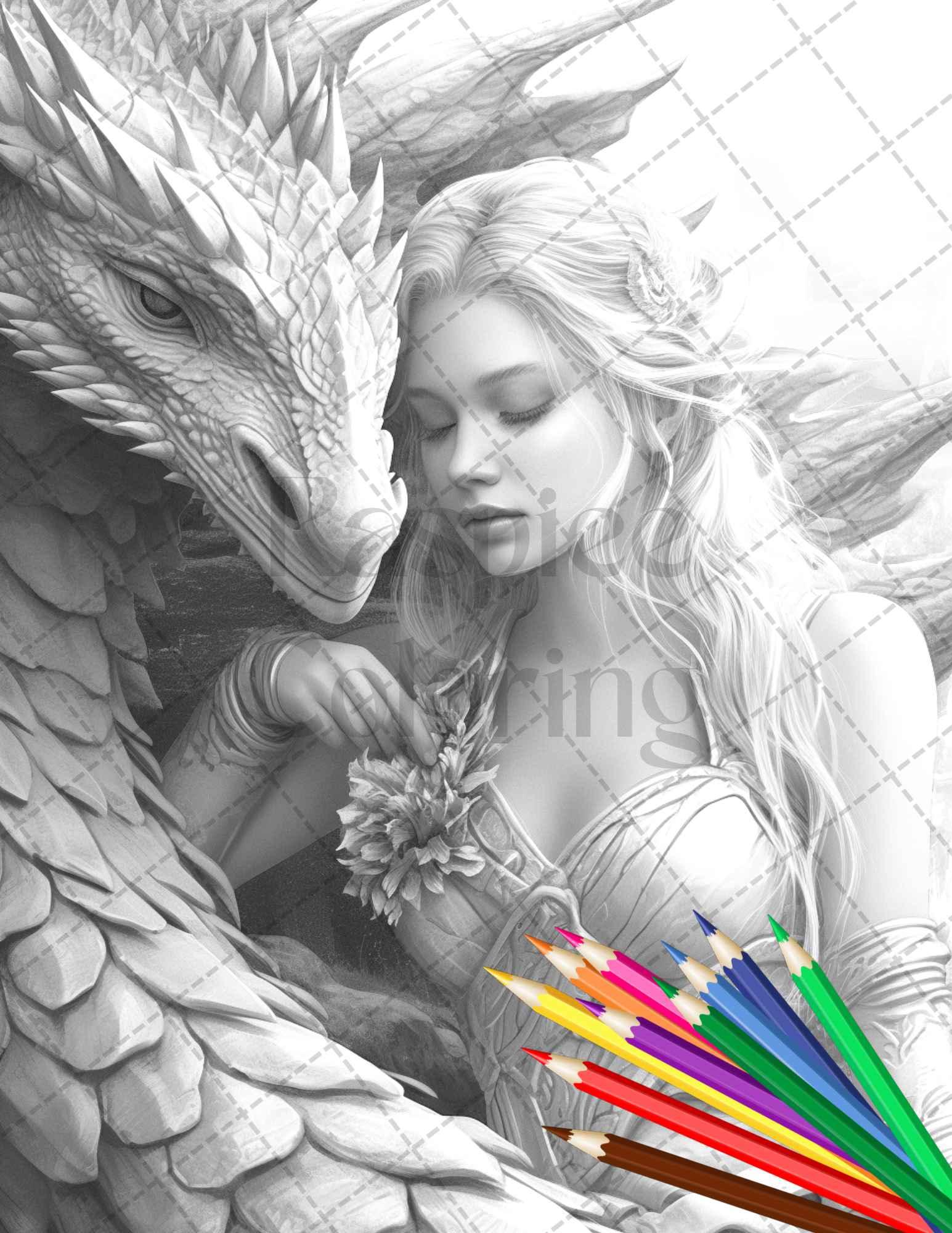 Enchanted Dragon Queens Grayscale Coloring Pages Printable for Adults, PDF File Instant Download