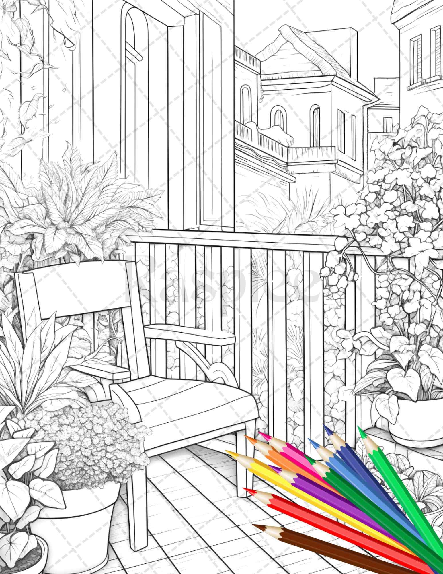 Charming Balcony Garden Grayscale Coloring Pages Printable for Adults, PDF File Instant Download