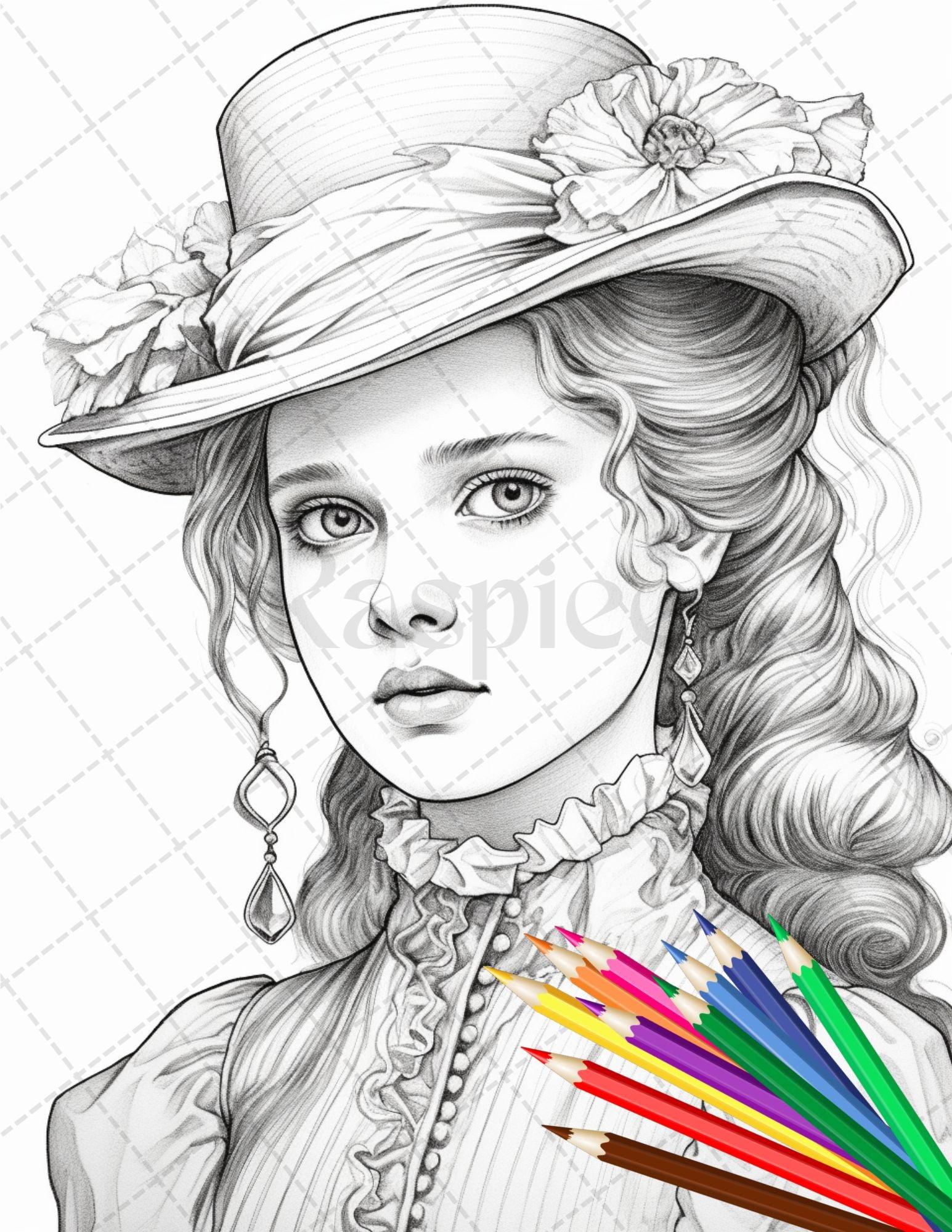 36 Beautiful Victorian Girls Coloring Pages Printable for Adults, Grayscale Coloring Page, PDF File Instant Download