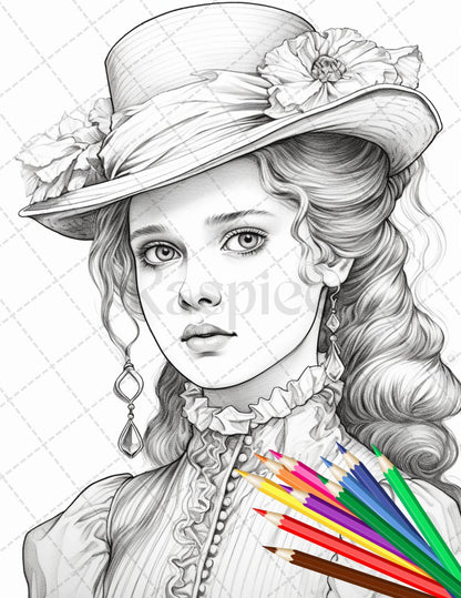36 Beautiful Victorian Girls Coloring Pages Printable for Adults, Grayscale Coloring Page, PDF File Instant Download