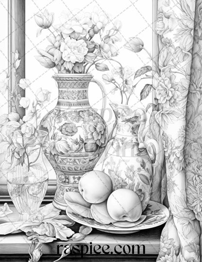 52 Still Life Grayscale Coloring Pages Printable for Adults, PDF File Instant Download