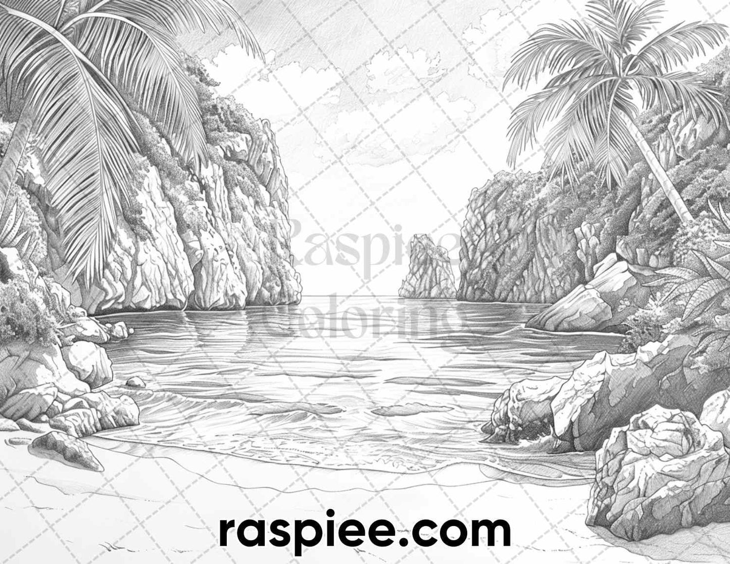 65 Coastal Landscapes Grayscale Adult Coloring Pages, Printable PDF Instant Download
