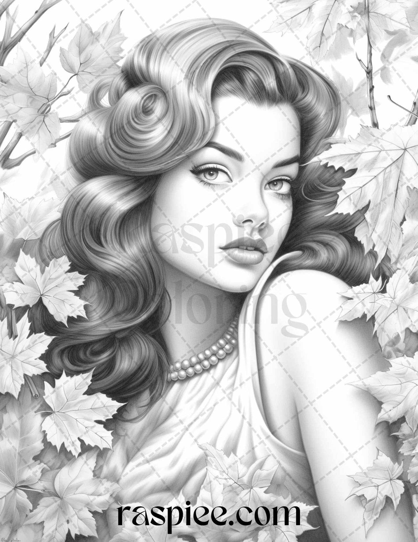55 Autumn Pin Up Girls Grayscale Coloring Pages Printable for Adults, PDF File Instant Download