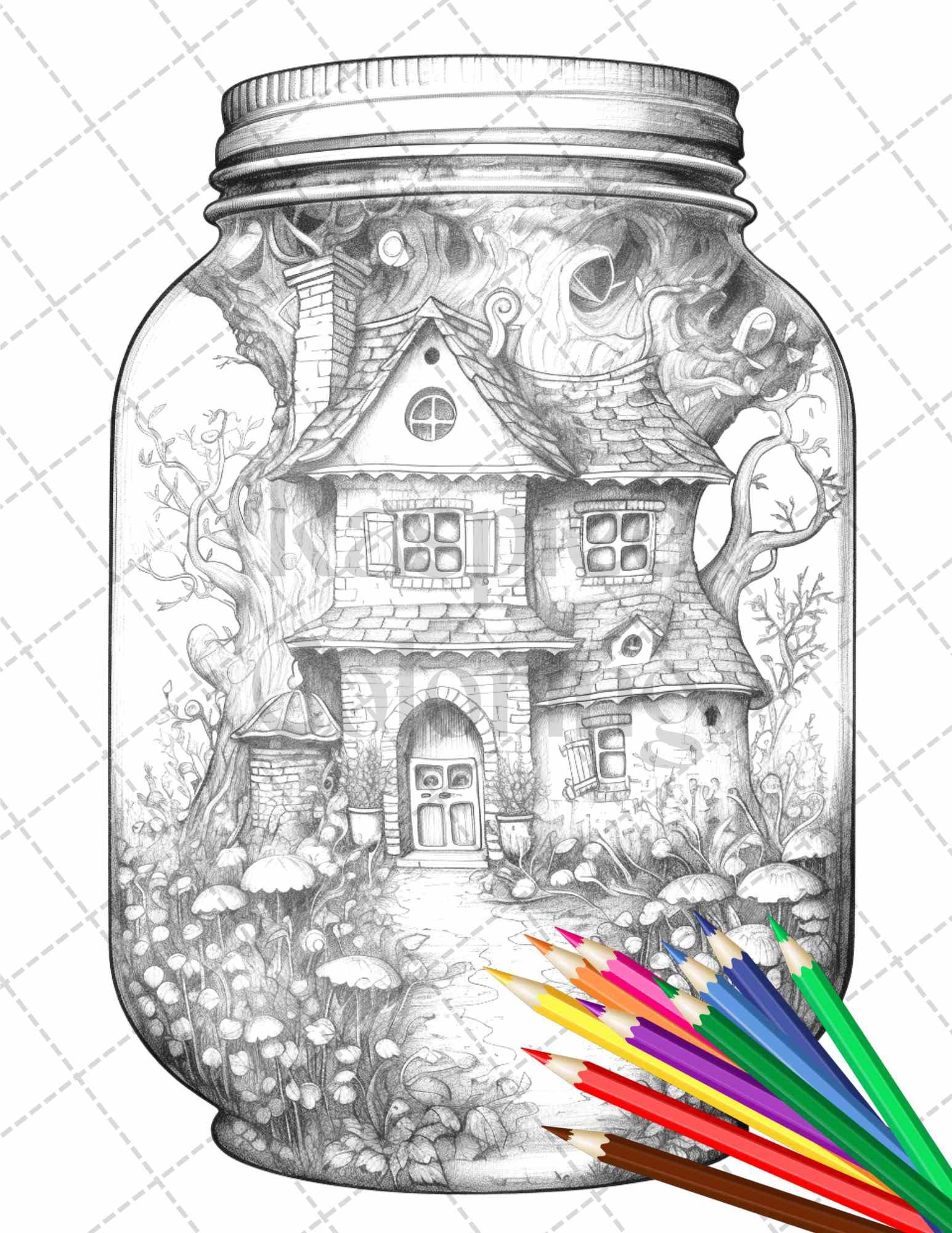 Fairy House in Jar Grayscale Coloring Pages Printable for Adults, PDF File Instant Download