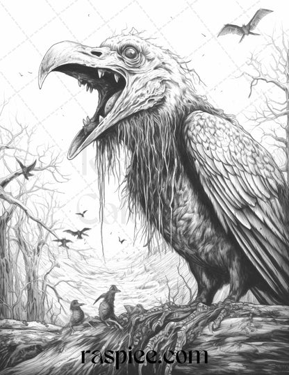 66 Horror Zombie Animals Grayscale Coloring Pages Printable for Adults, PDF File Instant Download