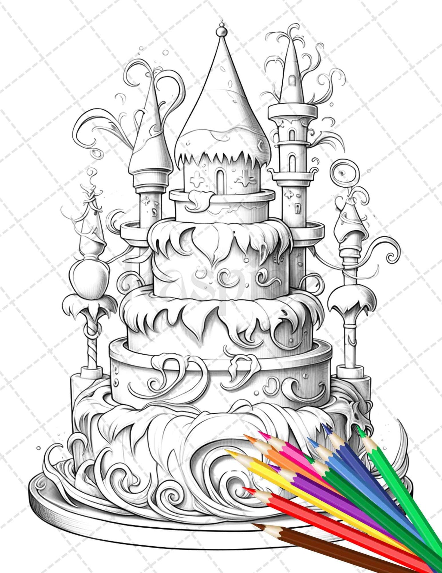 38 Whimsical Cakes Grayscale Coloring Pages for Adults, PDF File Instant Download