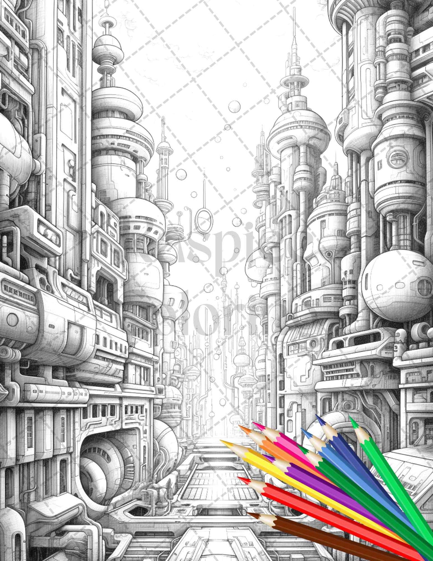 50 Futuristic Metropolis Grayscale Coloring Pages Printable for Adults, PDF File Instant Download