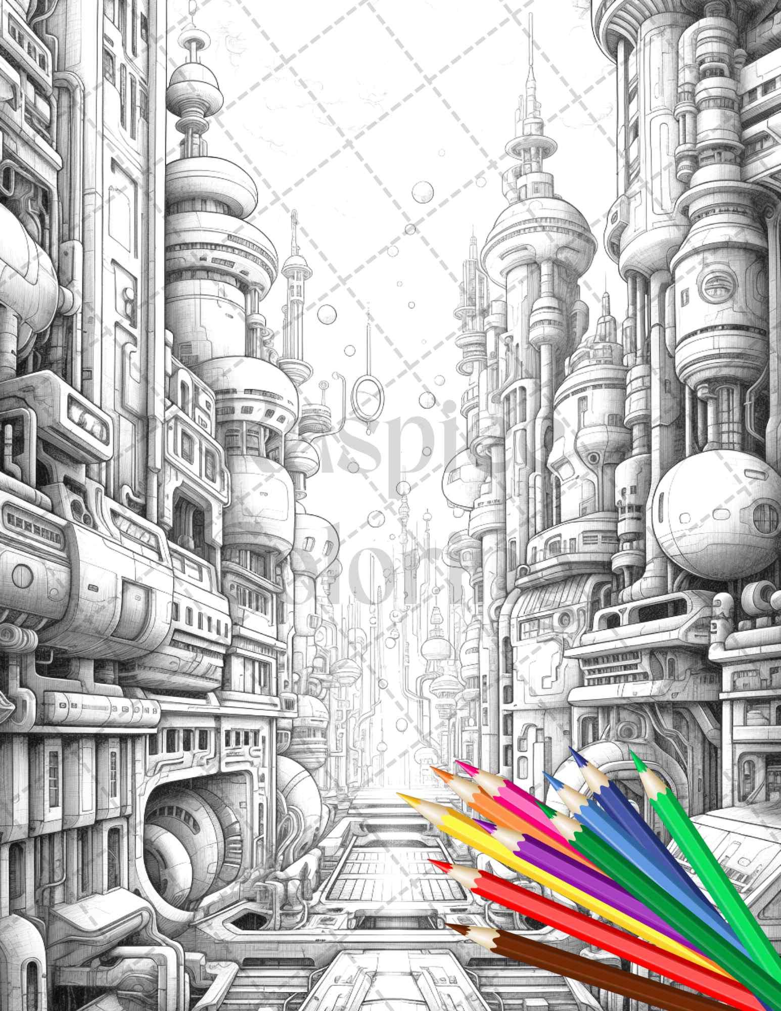 50 Futuristic Metropolis Grayscale Coloring Pages Printable for Adults, PDF File Instant Download