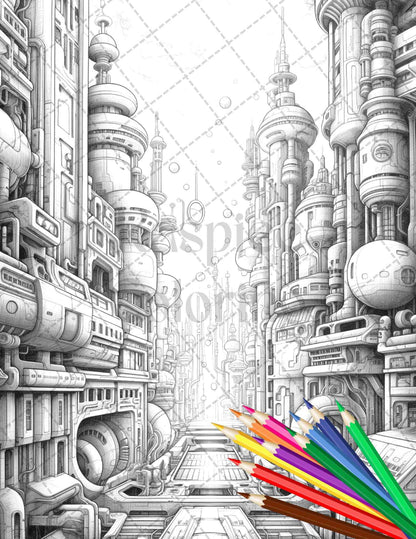 50 Futuristic Metropolis Grayscale Coloring Pages Printable for Adults, PDF File Instant Download