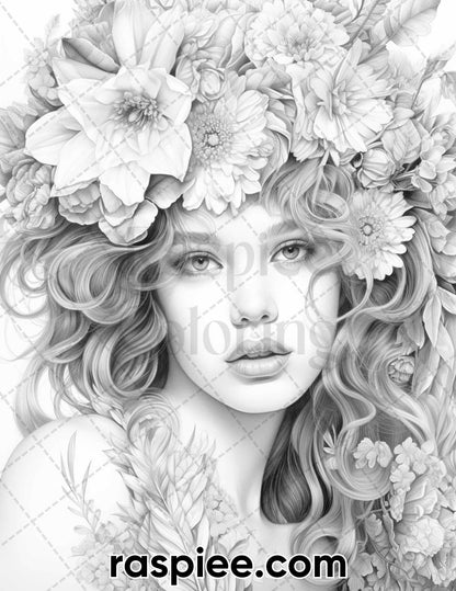 75 Flower Beauties Grayscale Adult Coloring Pages, Printable PDF Instant Download