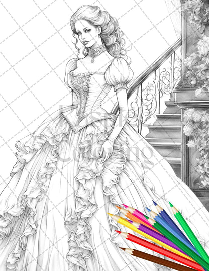 50 Victorian Fashion Grayscale Coloring Pages Printable for Adults, PDF File Instant Download