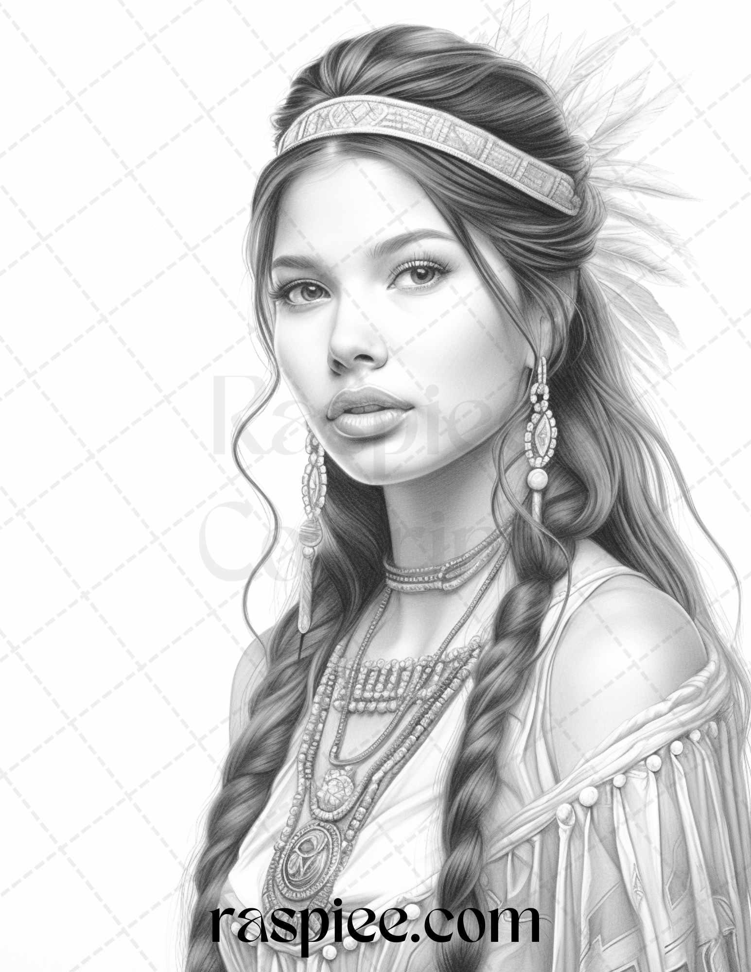 Native American Portrait Grayscale Coloring Pages Printable for Adults, PDF File Instant Download