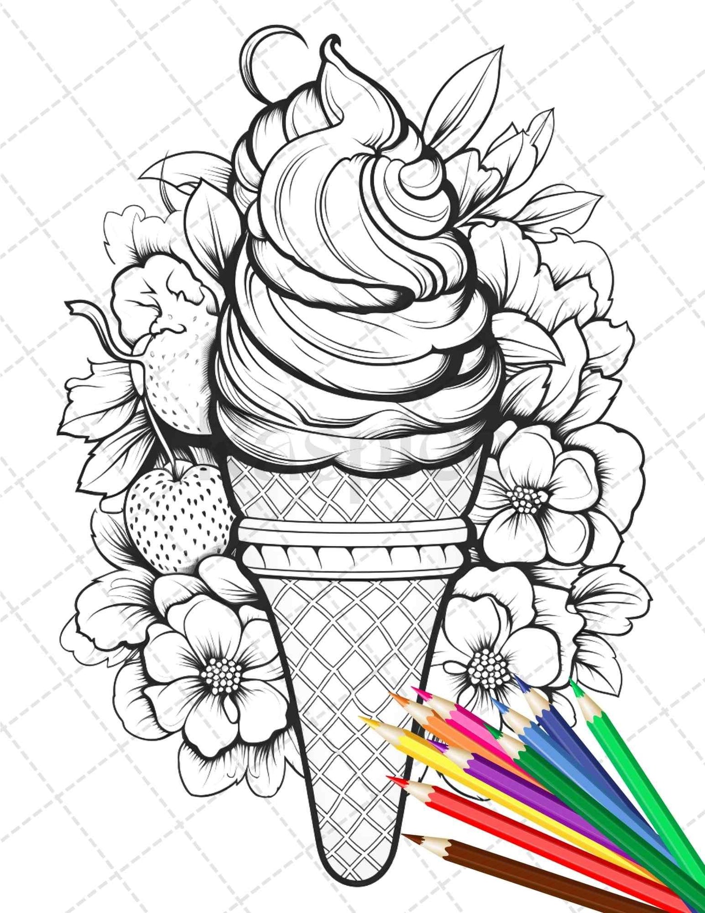 52 Printable Ice Cream Desserts Coloring Pages for Adults and Kids, Grayscale Coloring Page, PDF File Instant Download