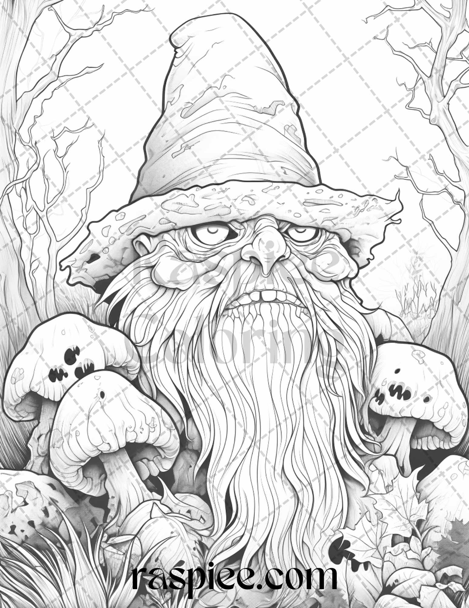 50 Horror Zombie Gnomes Grayscale Coloring Pages Printable for Adults, PDF File Instant Download