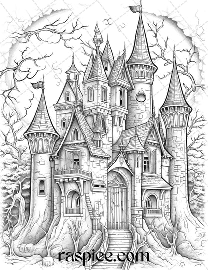 50 Haunted Castles Grayscale Coloring Pages Printable, Halloween Coloring Book, PDF File Instant Download