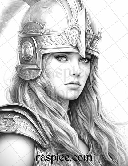 Greek Women Warriors Grayscale Coloring Pages for Adults, Printable PDF File Instant Download