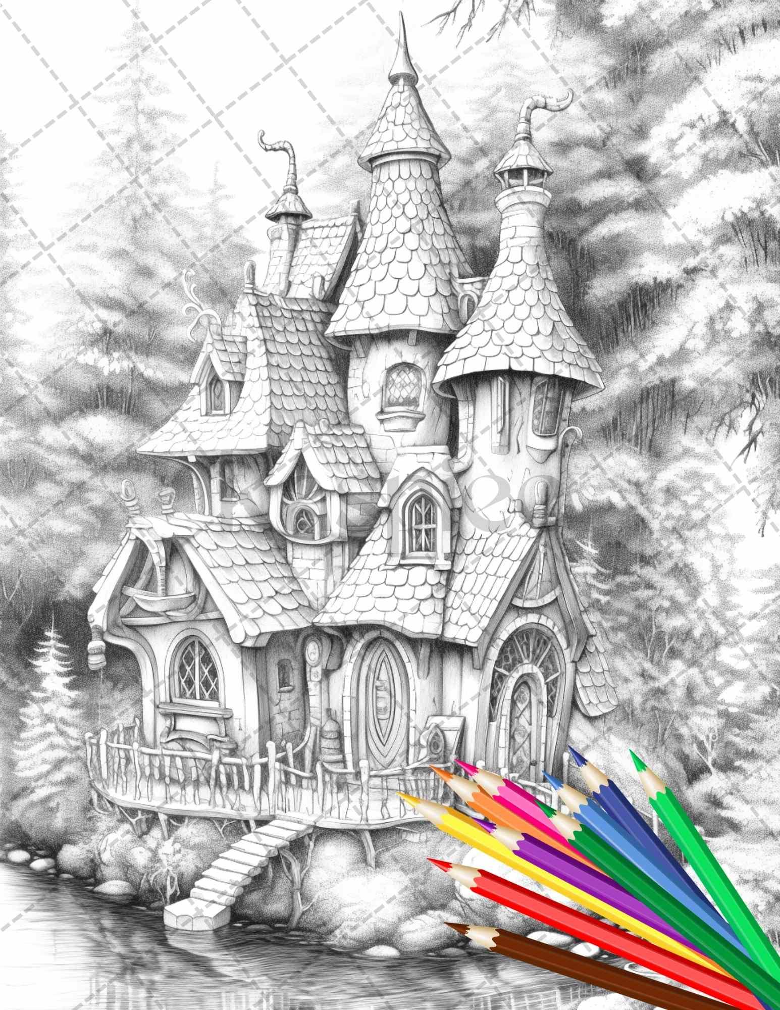 63 Winter Fairy Houses Grayscale Coloring Pages Printable for Adults, PDF File Instant Download