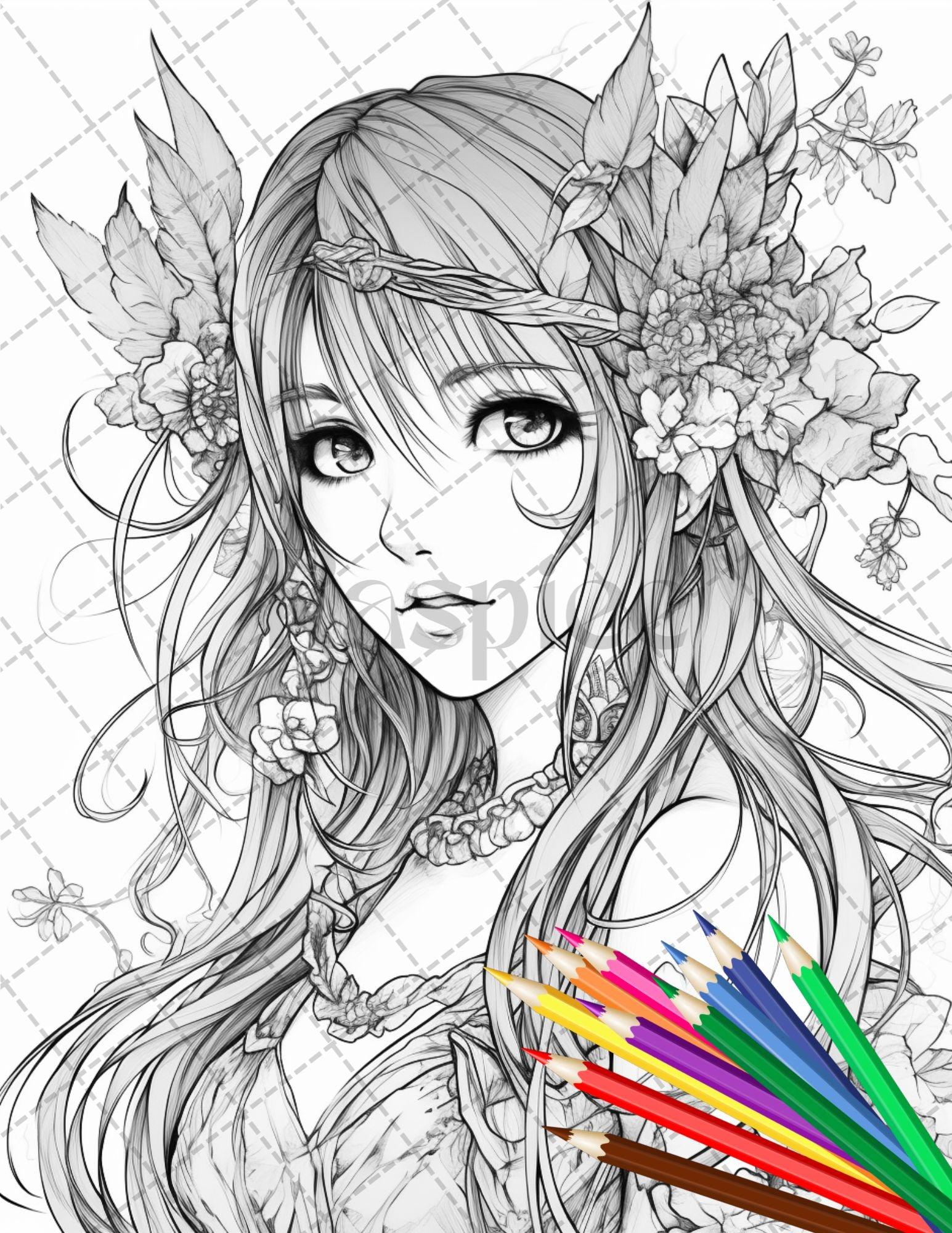 32 Anime Fairy Girl Printable Coloring Pages for Adults, Cute Fairy Grayscale Coloring Book, Printable PDF File Download