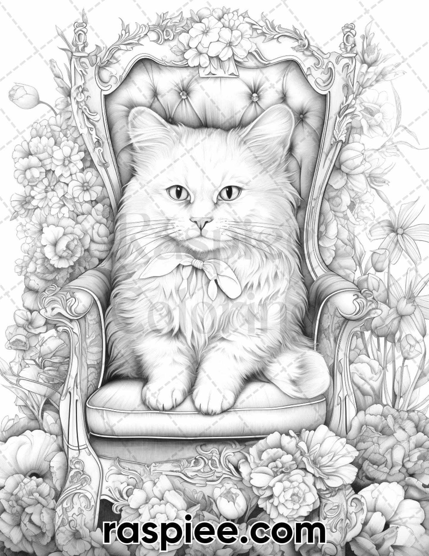 50 Royal King Cat Grayscale Coloring Pages for Adults, Printable PDF Instant Download