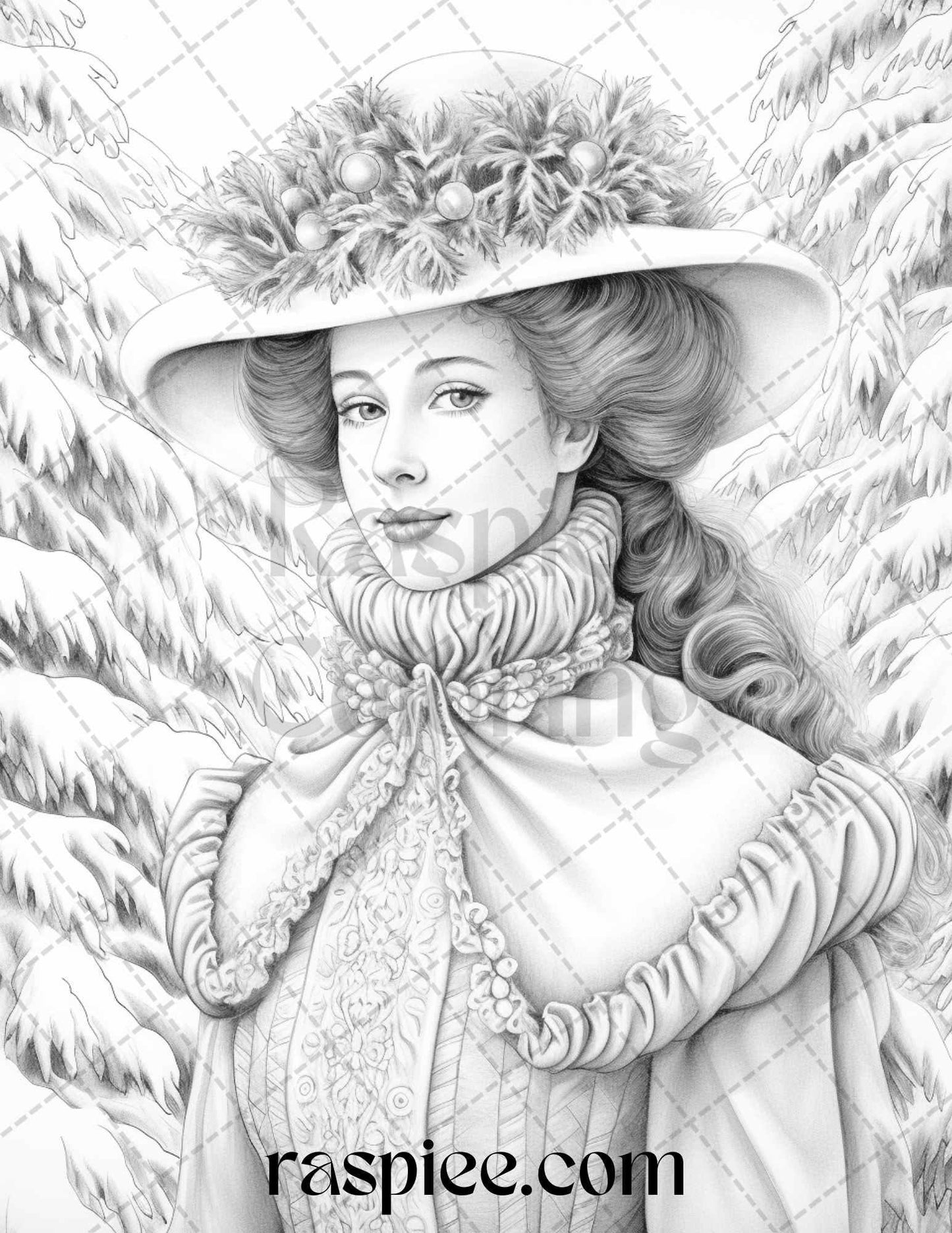 60 Victorian Winter Portrait Grayscale Coloring Pages Printable for Adults, PDF File Instant Download