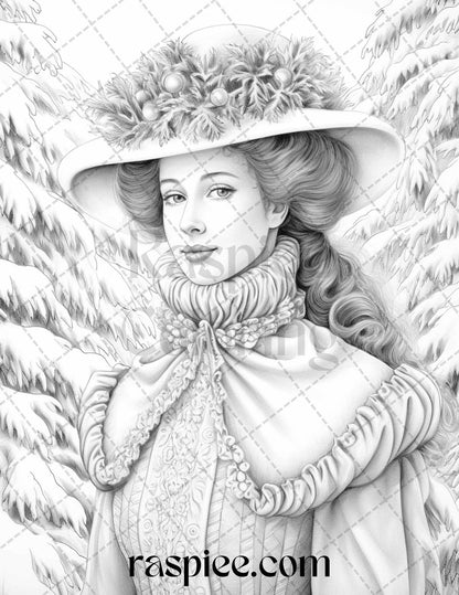 60 Victorian Winter Portrait Grayscale Coloring Pages Printable for Adults, PDF File Instant Download