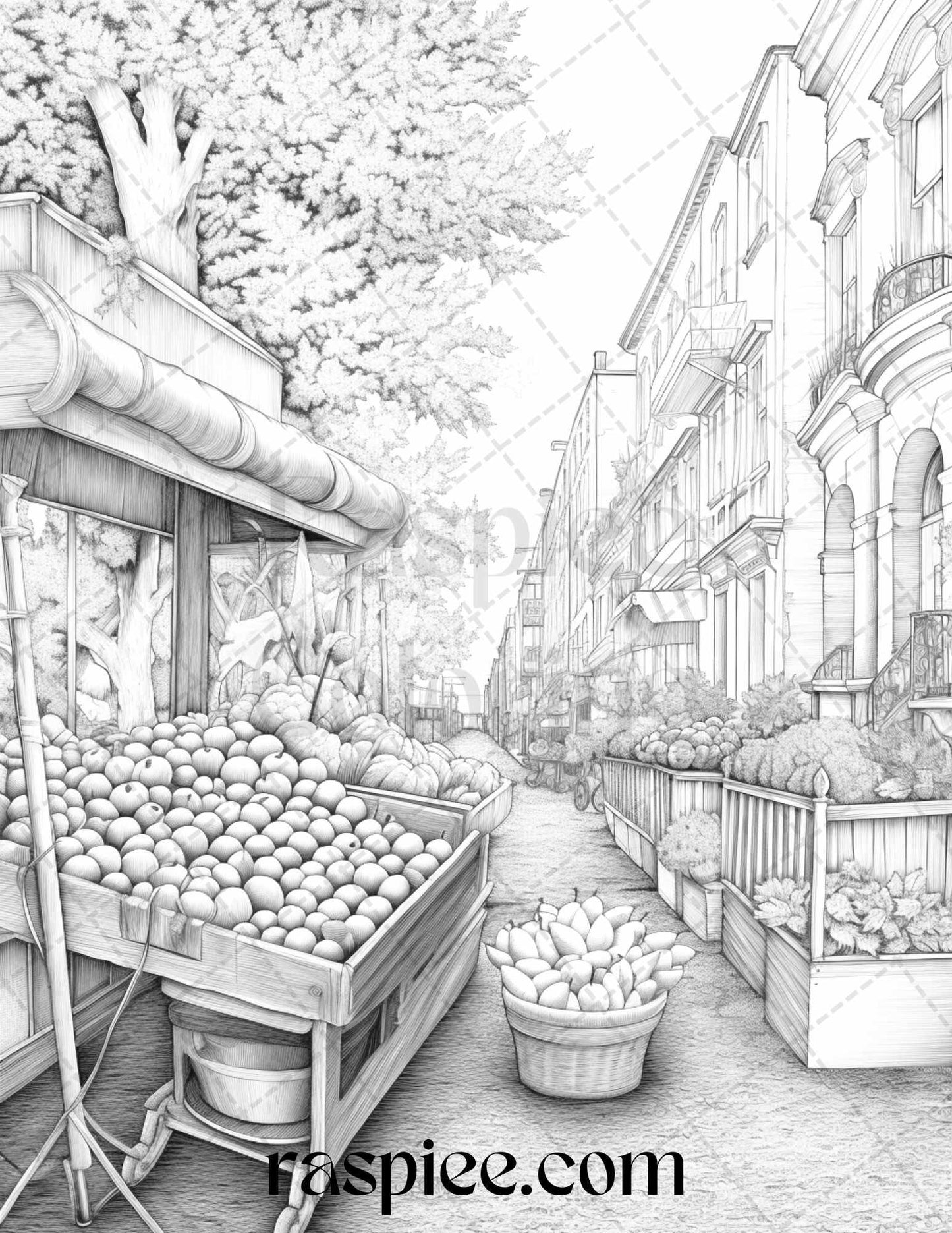 Autumn Street Markets Grayscale Coloring Pages for Adults, Printable PDF File Instant Download