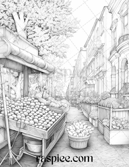 Autumn Street Markets Grayscale Coloring Pages for Adults, Printable PDF File Instant Download