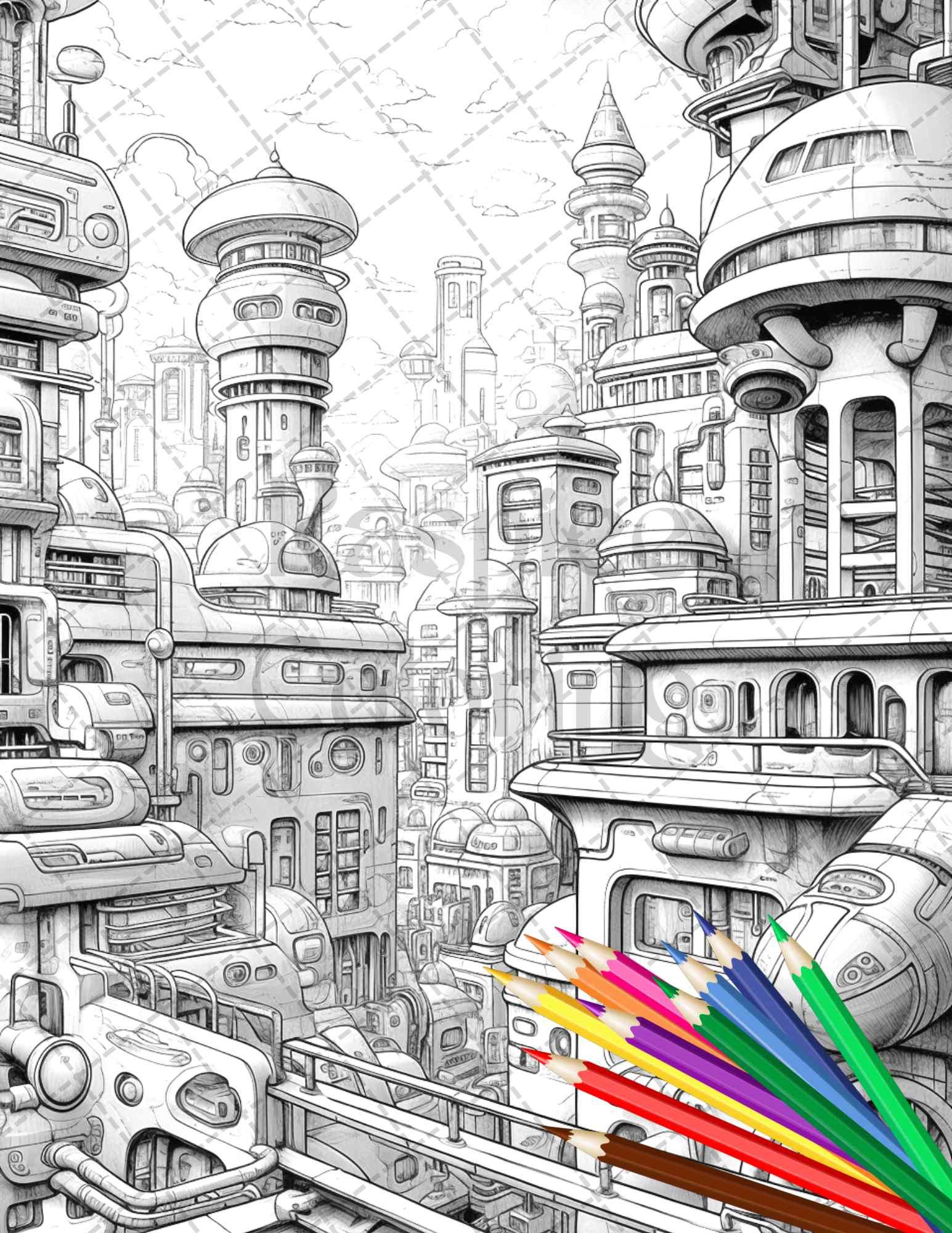 50 Futuristic Metropolis Grayscale Coloring Pages Printable for Adults, PDF File Instant Download