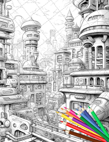 50 Futuristic Metropolis Grayscale Coloring Pages Printable for Adults, PDF File Instant Download