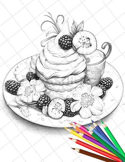 36 Sweet Desserts Coloring Pages Printable for Adults, Grayscale Coloring Page, PDF File Instant Download