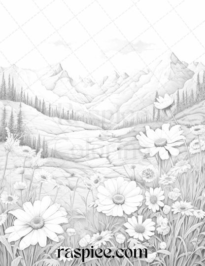 60 Mountain Flower Landscapes Grayscale Coloring Pages Printable for Adults, PDF File Instant Download