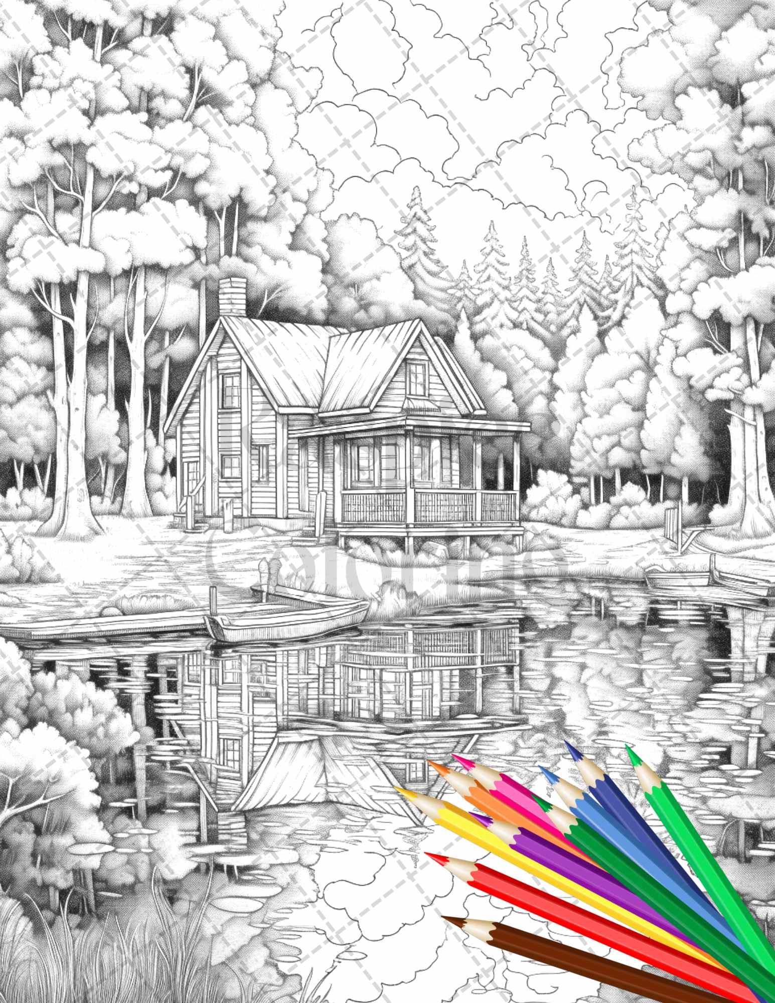 Lake Cabin Scenery Grayscale Coloring Pages Printable for Adults, PDF File Instant Download
