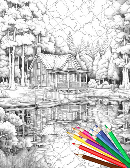 Lake Cabin Scenery Grayscale Coloring Pages Printable for Adults, PDF File Instant Download