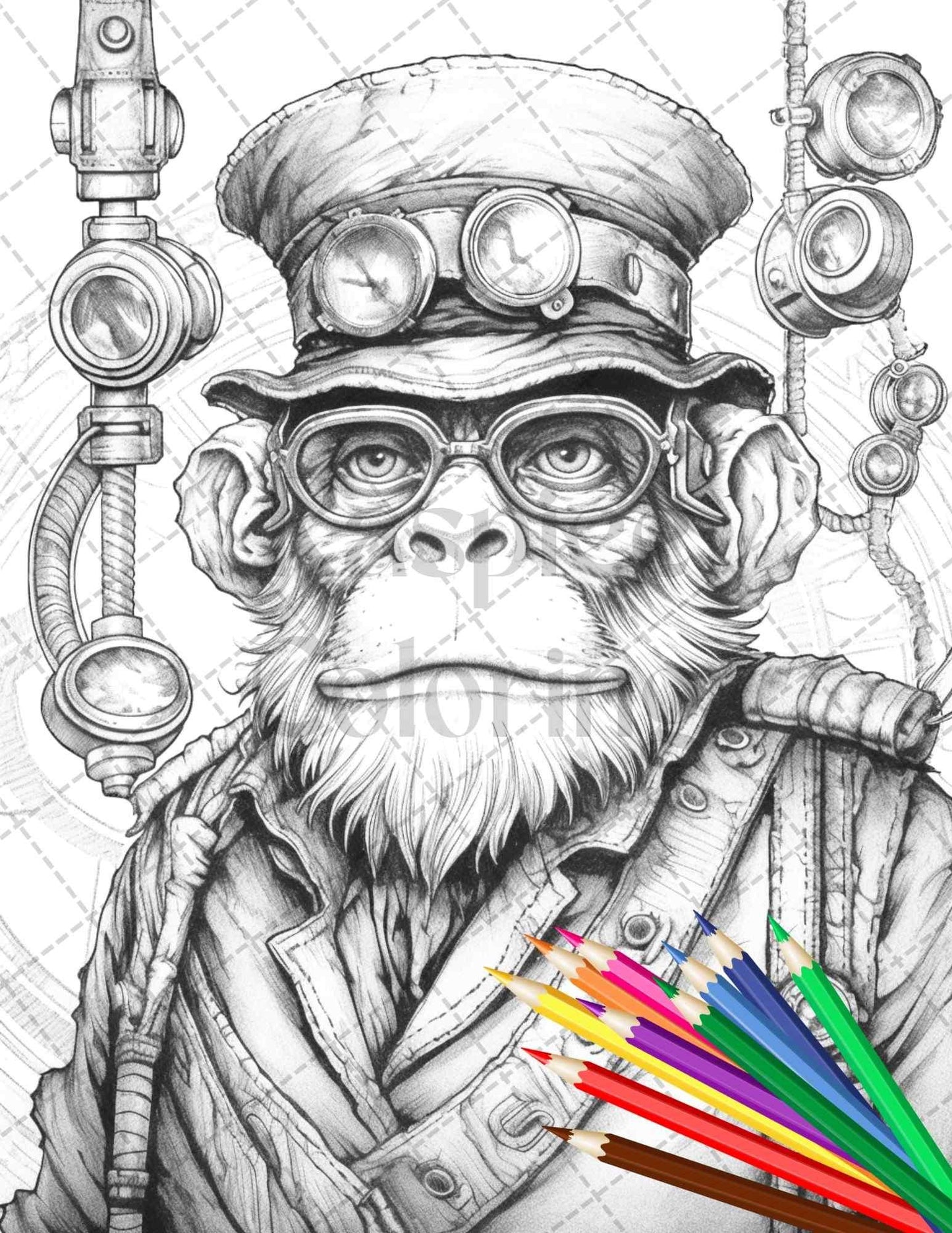 60 Steampunk Animals Grayscale Coloring Pages Printable for Adults, PDF File Instant Download