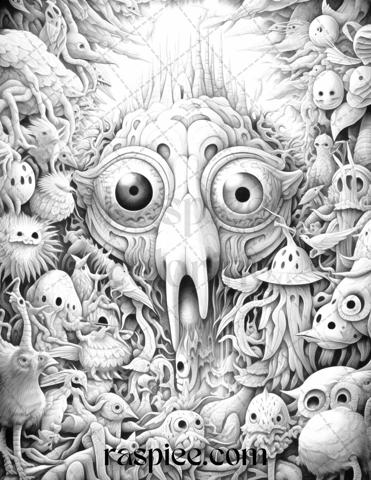 53 Surreal Creatures Grayscale Coloring Pages for Adults, Printable PDF File Instant Download